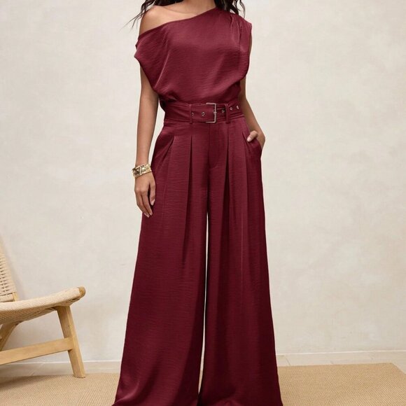 Burgundy Elegant Women's Pleated High Waist Wide Leg Pants with Belt